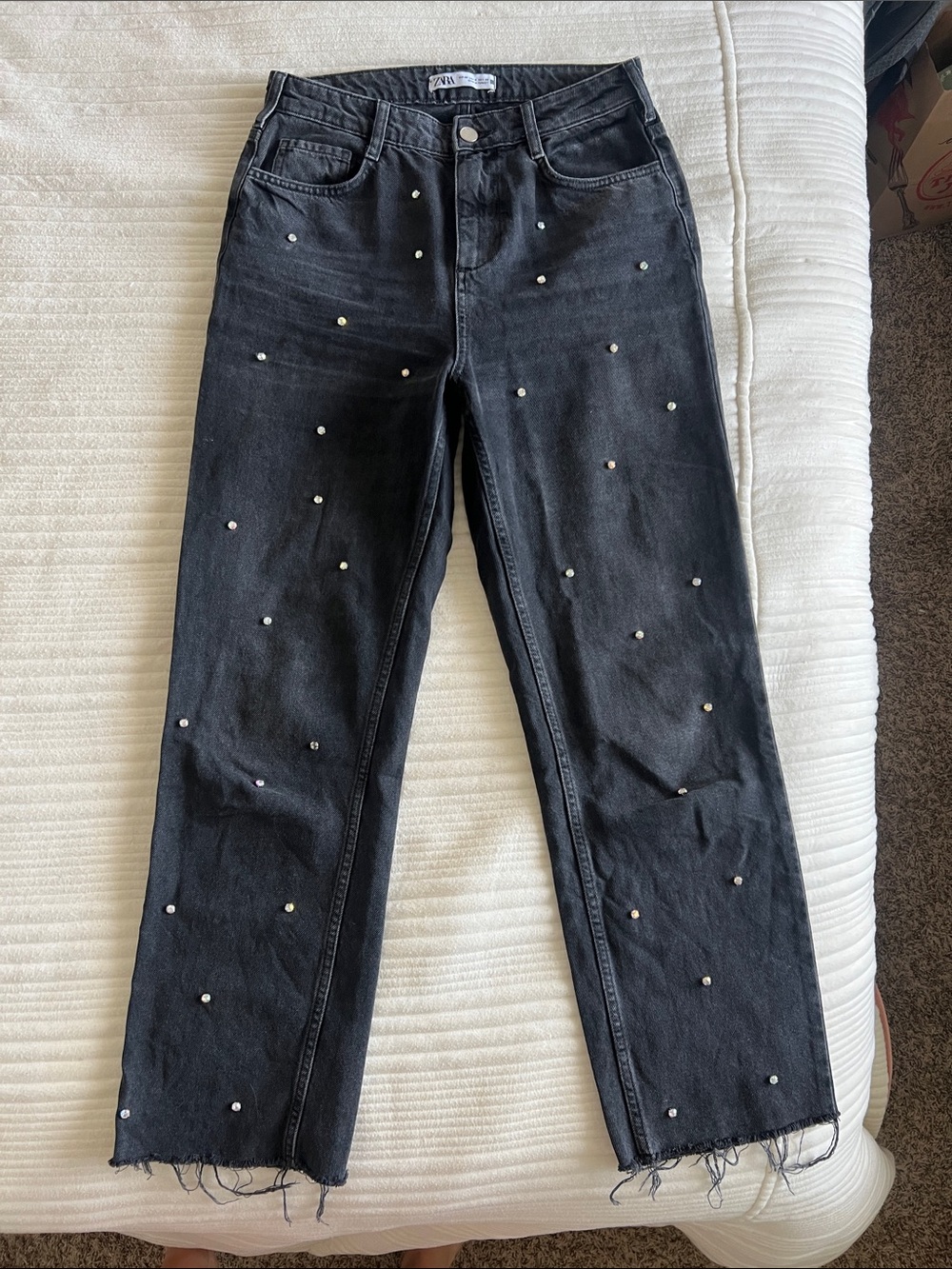 Zara Black Studded Straight Leg Jeans with Raw Hem